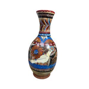Hand-Painted VTG floral bird Terracotta 15" tall table vase SKU 9812